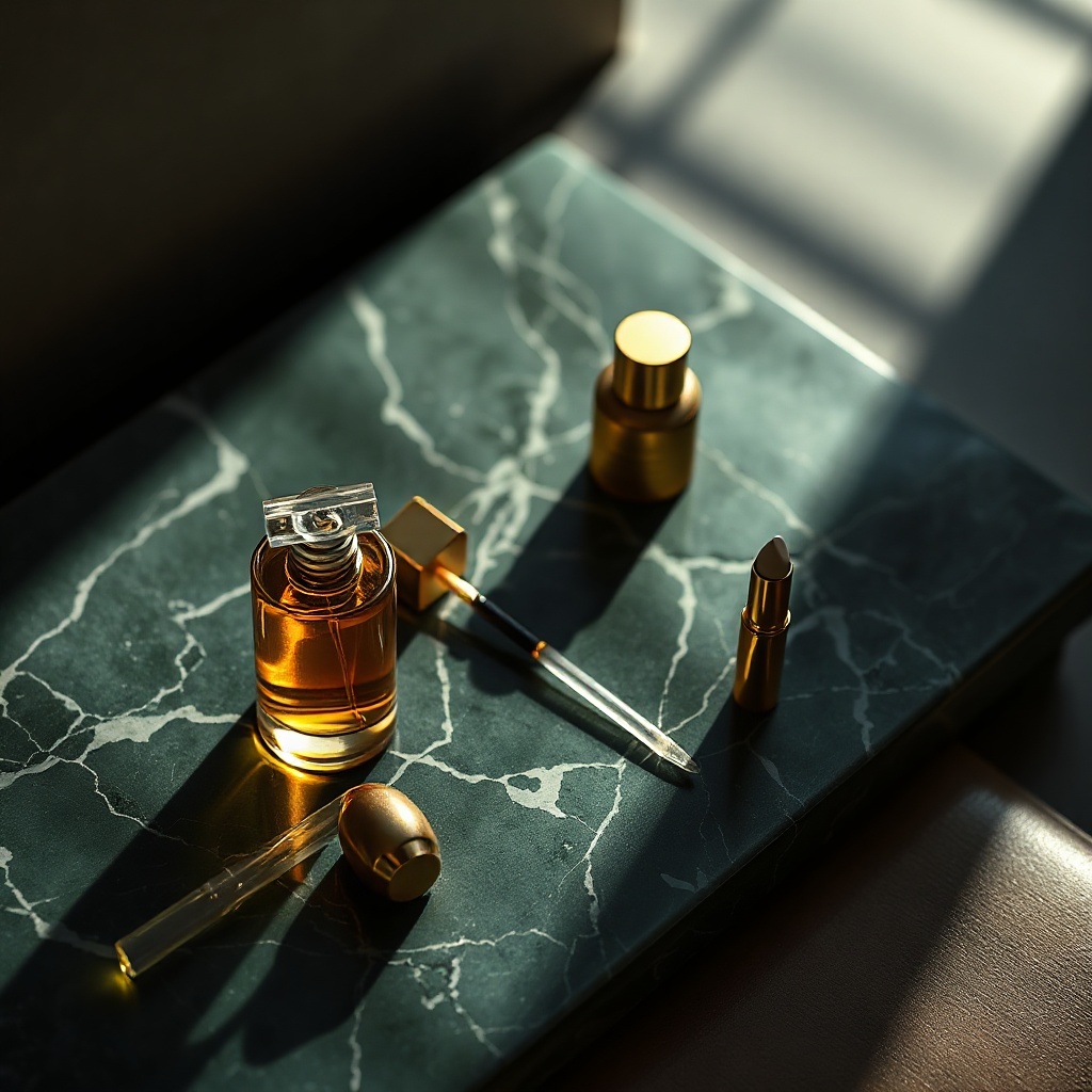 Editorial luxury beauty flatlay on dark emerald marble with gold bottles