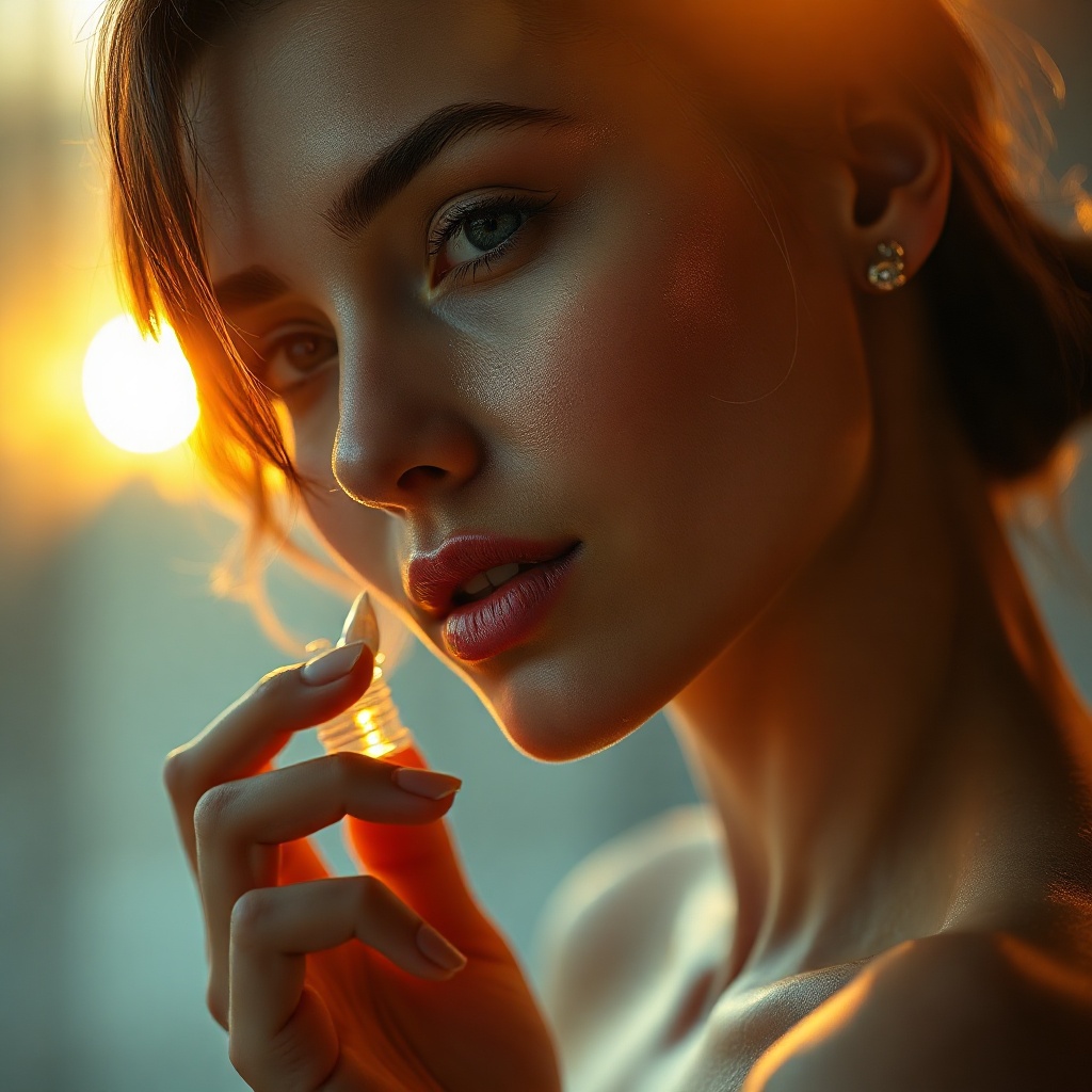 Woman applying luxury serum in golden morning light